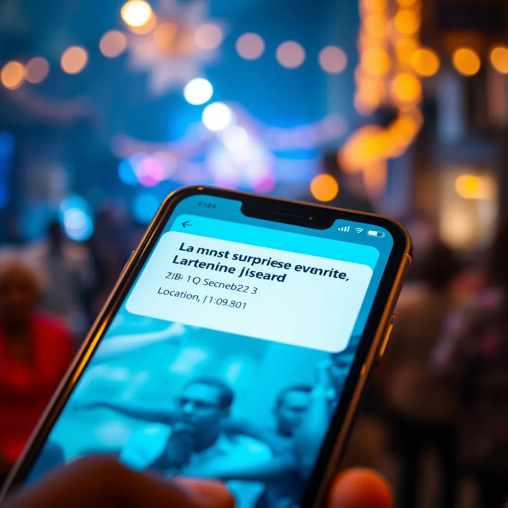 A close-up shot of a notification on a smartphone screen announcing a last-minute surprise event during Detty December. The notification includes details like the event name, location, and time. The background shows a blurred image of a lively Lagos nightlife scene.