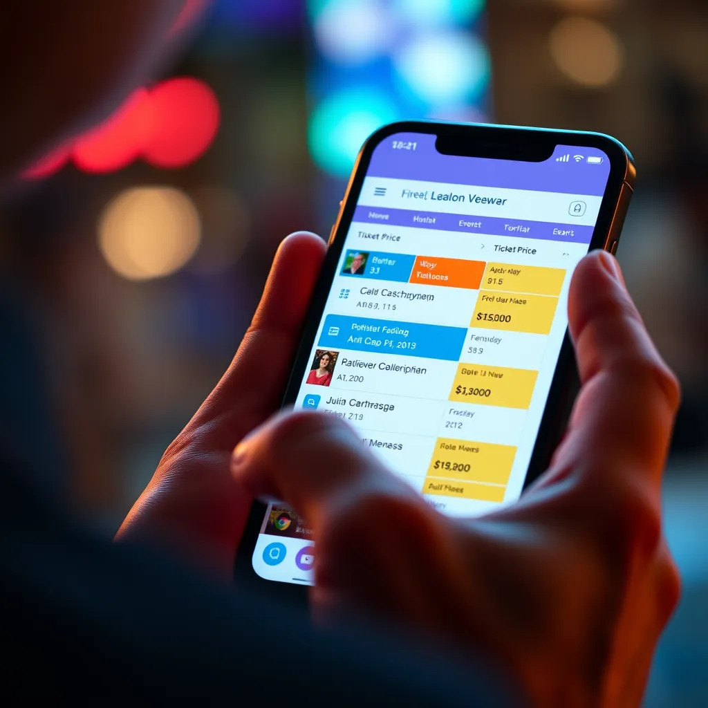 A close-up shot of a person using a mobile phone, navigating a digital calendar interface filled with colorful event listings, with a hand pointing at a specific event detail like ticket price or location.