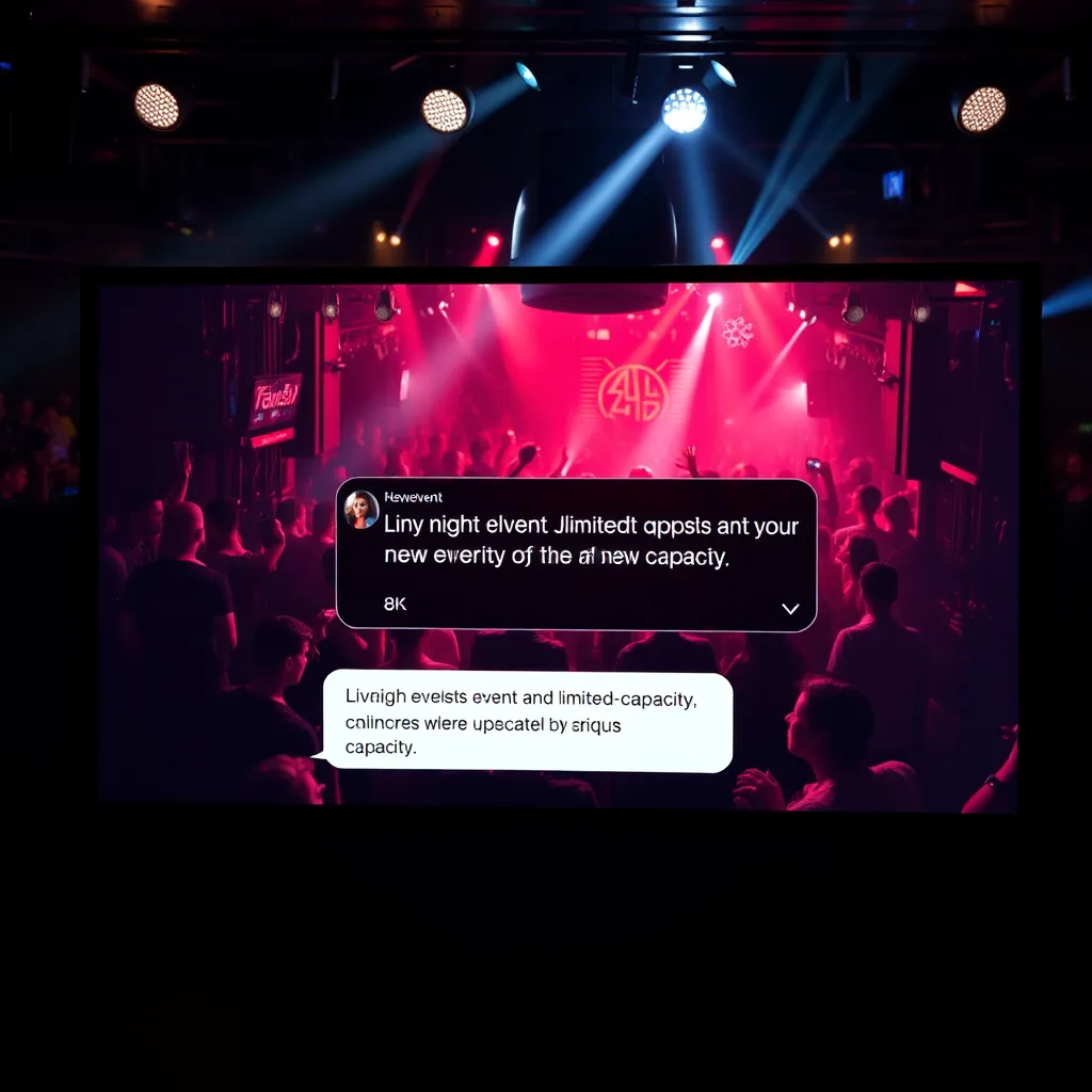 A digital screen displaying a live feed of a crowded nightclub with flashing lights, text notifications popping up about new events and limited-capacity announcements, creating a sense of excitement and anticipation.