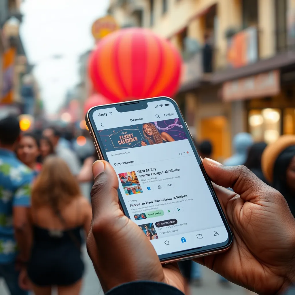 A person using a smartphone to browse the Detty December event calendar. The screen displays a detailed event listing with colorful icons, filter options, and interactive elements. The background shows a bustling Lagos street scene, with people enjoying different events.