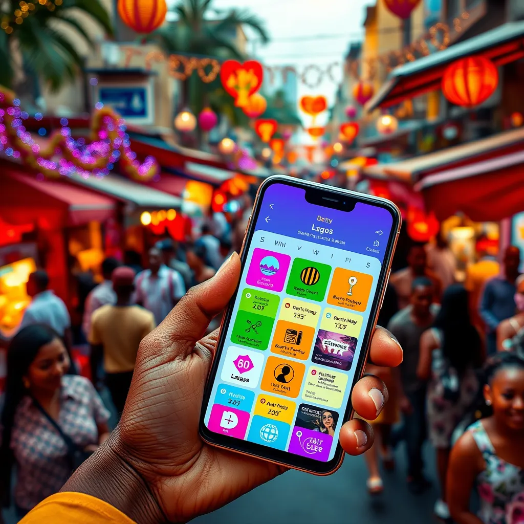 A photorealistic image in an 8K resolution, vibrant and dynamic, capturing the energy of Detty December. The focal point is a modern, sleek smartphone with a calendar app open, showcasing a colorful, interactive interface. It features various event icons - concerts, club nights, rooftop parties, art exhibitions, and beach parties - with each icon representing a different event. The phone is held by a hand with a trendy Lagos fashion, a person with a warm, happy expression. The background is a bustling Lagos street scene, full of lively crowds, festive decorations, and vibrant street food stalls. Soft, warm lighting bathes the scene with a playful, inviting vibe.