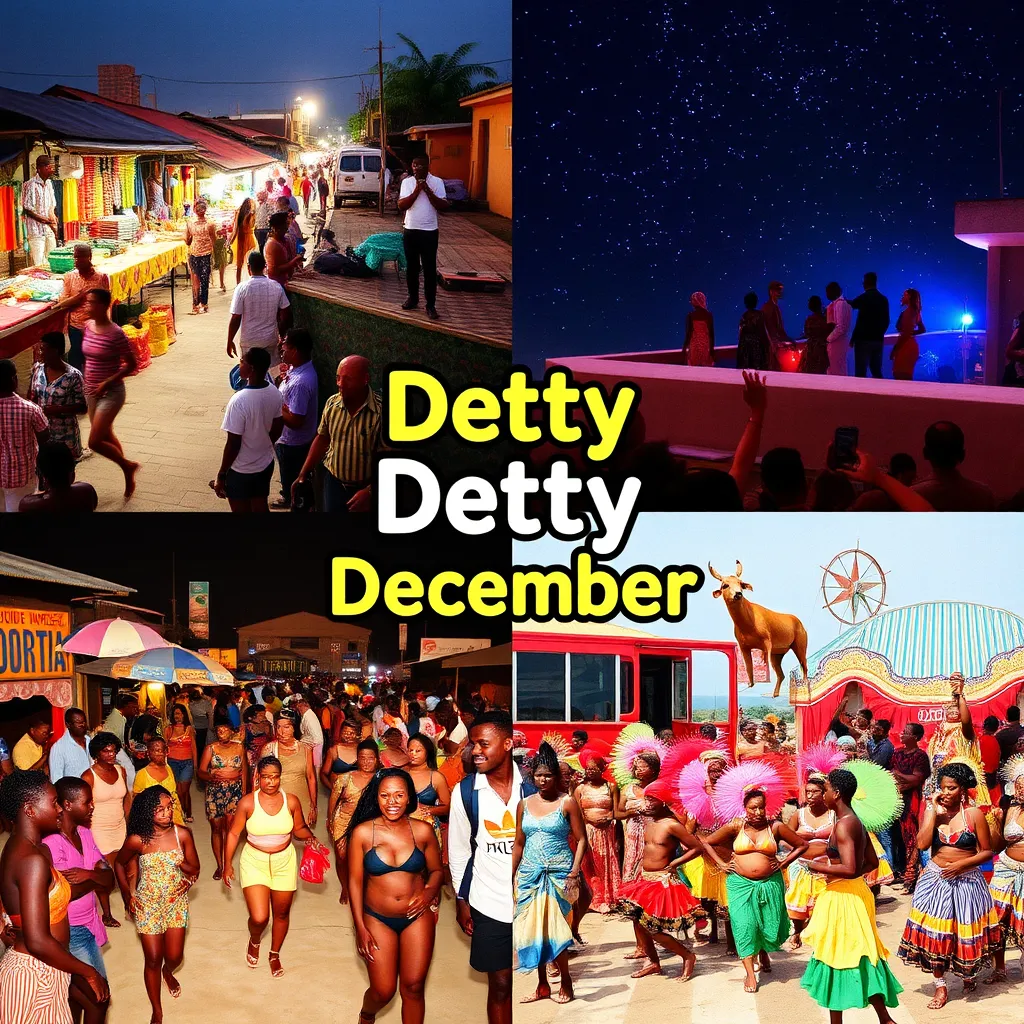 A vibrant collage showcasing diverse Detty December events: a crowded concert stage with energetic performers, a bustling street fair with colorful stalls and food vendors, a stylish rooftop party with city skyline views, and a traditional festival with dancers in elaborate costumes.