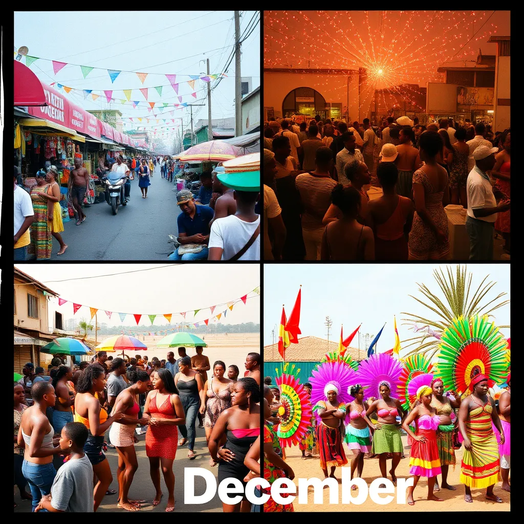 A vibrant collage showcasing different Detty December events: a bustling street market with colorful stalls, a rooftop party with people dancing under a starry sky, a lively beach party with people in swimwear, and a traditional festival with colorful costumes and dancers.